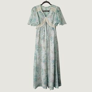 Act I Vintage Floral Maxi Dress Womens Lace Flutter Sleeve Cottagecore‎ Rare